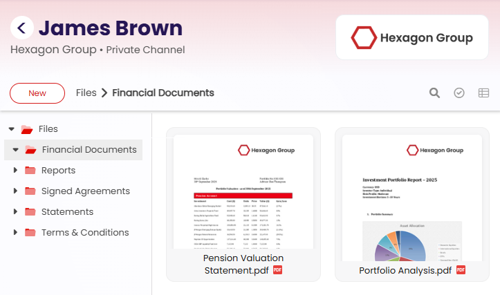Customer vault showing folders such as Reports, Statements and Agreements