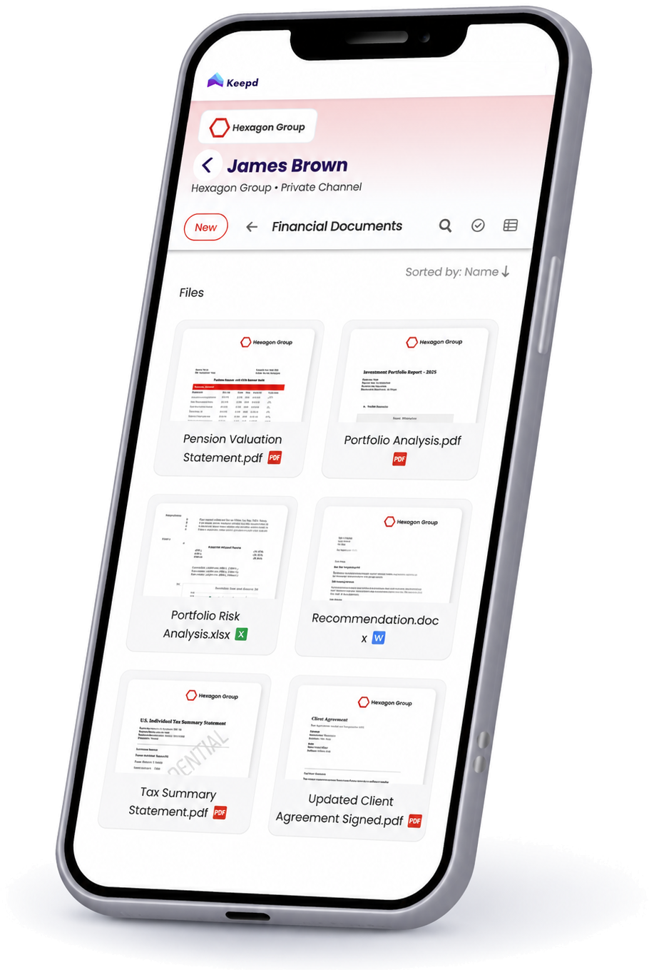 Customer files shown on a mobile phone